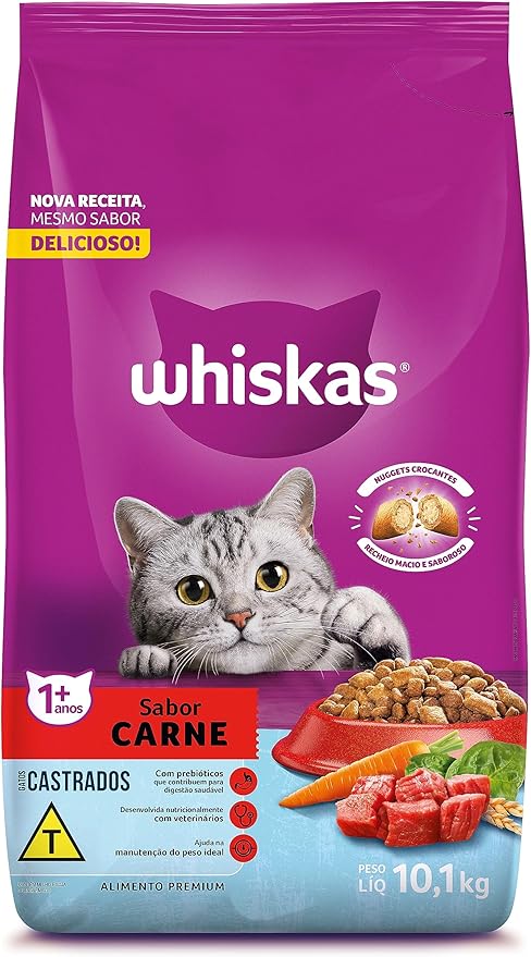 whiskas, Ração Whiskas Para Gatos Adultos Castrados Sabor Carne - 10.1Kg